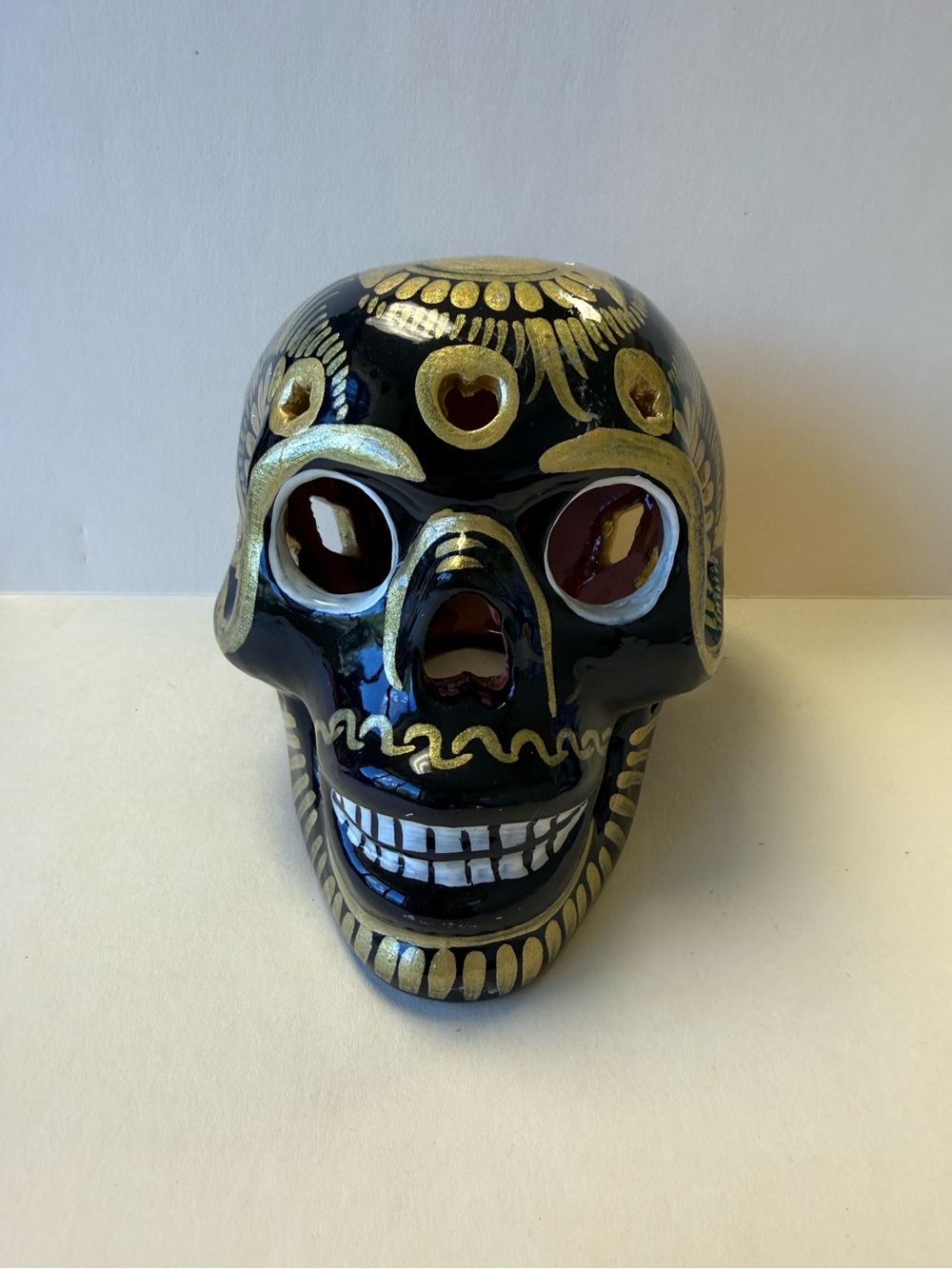 Handmade Black and Gold Talavera Mexican Folk Art Ceramic Sugar Skull.